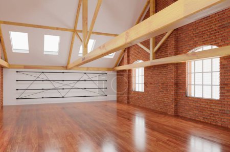 Foto de Interior del ático con paredes de ladrillo y suelo de madera, 3d render - Imagen libre de derechos