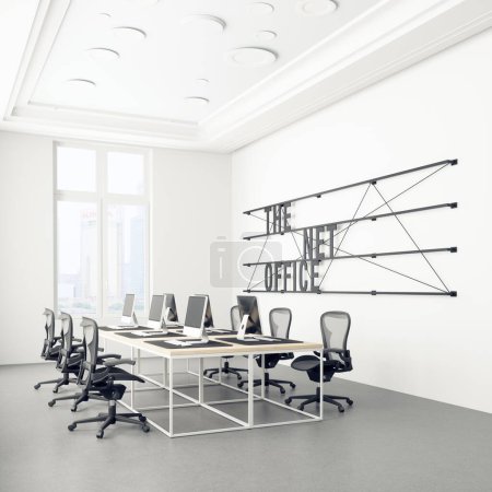 Foto de Moderno interior de oficina con paredes blancas, suelo de hormigón, mesas de ordenador blancas y sillas negras. maqueta de representación 3d - Imagen libre de derechos
