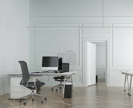 Téléchargez les photos : Intérieur de bureau moderne avec murs blancs, sol en béton, tables d'ordinateur blanches et chaises noires. Modélisation de rendu 3d - en image libre de droit