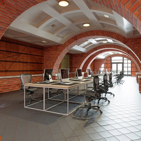 Téléchargez les photos : Intérieur d'un bureau moderne avec murs en briques et sol. Rendu 3d - en image libre de droit