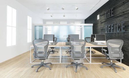 Foto de Ilustración 3D de un diseño interior de oficina moderno. Lugar de trabajo - Imagen libre de derechos