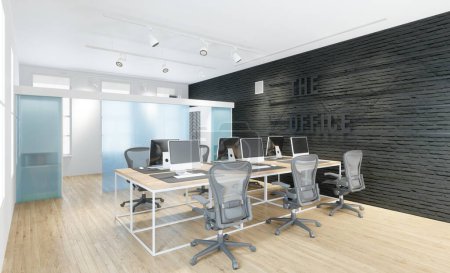 Téléchargez les photos : Illustration 3D d'un design d'intérieur de bureau moderne. Lieu de travail - en image libre de droit