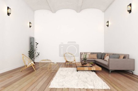 Téléchargez les photos : Intérieur lumineux moderne appartement Salon illustration rendu 3D image générée par ordinateur - en image libre de droit
