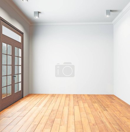 Foto de Habitación vacía con suelo de madera y pared blanca. renderizado 3d. - Imagen libre de derechos