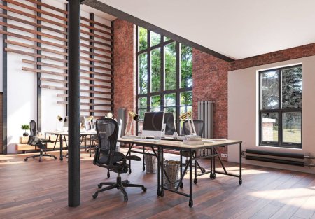 Foto de Interior moderno de la oficina. Concepto de lugar de trabajo. maqueta de representación 3d - Imagen libre de derechos