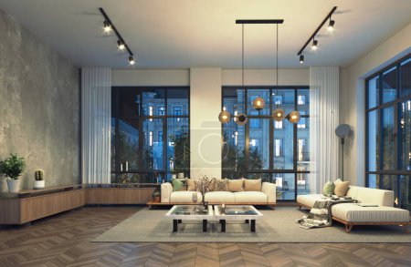 Foto de Moderno diseño interior sala de estar. Concepto de renderizado 3D. Sala de estar. - Imagen libre de derechos