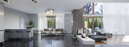 Téléchargez les photos : 3d rendu de salon moderne blanc avec cheminée dans une maison - en image libre de droit
