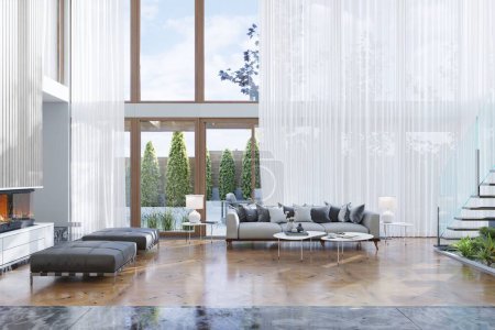 Foto de Interior de la moderna sala de estar con paredes grises, suelo de hormigón, sofá gris y mesa de centro. 3d renderizar - Imagen libre de derechos