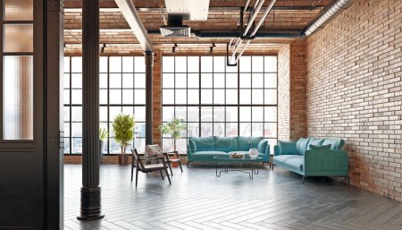 Foto de Una moderna sala de estar loft con un sofá, una mesa de café. La habitación tiene un diseño minimalista y limpio, con un enfoque en la funcionalidad y el confort. 3d renderizar - Imagen libre de derechos