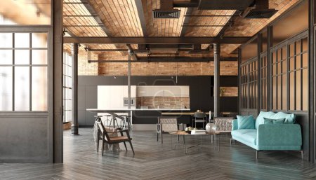 Téléchargez les photos : Un loft moderne salon avec un canapé, une cuisine. La chambre a un design minimaliste et propre, avec un accent sur la fonctionnalité et le confort. 3d rendu - en image libre de droit