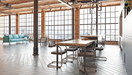 Foto de Una gran sala abierta con una mesa de madera y sillas. La habitación tiene una sensación moderna y espaciosa. renderizado 3d - Imagen libre de derechos