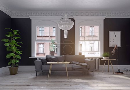Foto de Moderno estilo escandinavo sala de estar diseño de interiores. concepto de ilustración 3d - Imagen libre de derechos