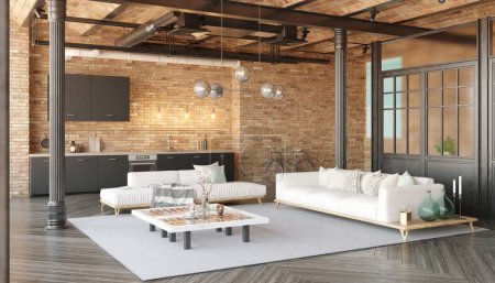 Foto de Una moderna sala de estar loft con un sofá, una cocina. La habitación tiene un diseño minimalista y limpio, con un enfoque en la funcionalidad y el confort. 3d renderizar - Imagen libre de derechos