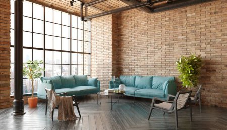 Foto de Una moderna sala de estar loft con un sofá, una mesa de café. La habitación tiene un diseño minimalista y limpio, con un enfoque en la funcionalidad y el confort. 3d renderizar - Imagen libre de derechos