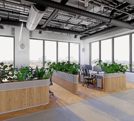 Téléchargez les photos : Intérieur de bureau moderne avec des plantes. Rendu 3d - en image libre de droit