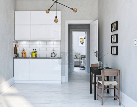 Foto de Interior de la cocina de estilo escandinavo moderno. 3d diseño de renderizado - Imagen libre de derechos