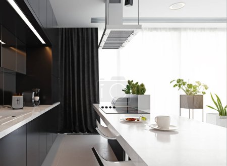 Foto de Cocina moderna interior en blanco y negro. concepto de diseño de renderizado 3d - Imagen libre de derechos