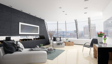 Téléchargez les photos : Intérieur lumineux moderne appartement Salon rendu 3D image générée par ordinateur - en image libre de droit