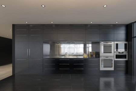 Photo for 3d render of modern kitchen in a loft style with black walls - Royalty Free Image