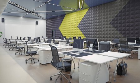 Téléchargez les photos : Intérieur de bureau moderne, design de concept de rendu 3D - en image libre de droit