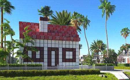 Pixel-Art-Haus an der Stadtstraße. 3d rendern Konzept Idee. Kreative Illustration