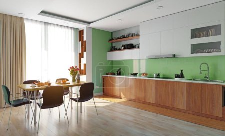 Téléchargez les photos : Concept de design d'intérieur de cuisine moderne. Idée de rendu 3d
. - en image libre de droit
