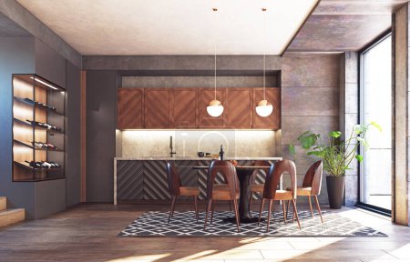 Foto de Concepto de diseño interior de cocina moderna. 3d idea de renderizado
. - Imagen libre de derechos
