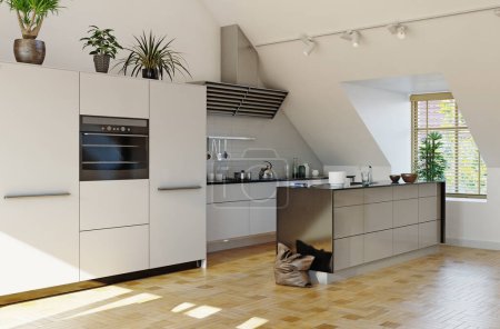 Foto de Moderno ático interior de la cocina. concepto de diseño de renderizado 3d - Imagen libre de derechos