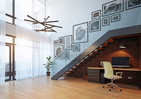 Foto de Interior moderno de la oficina en casa. concepto de diseño de renderizado 3d - Imagen libre de derechos