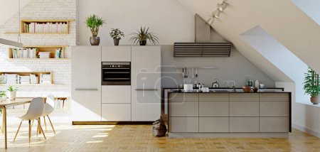 Photo for Modern attic kitchen interior. 3d rendering design concept - Royalty Free Image