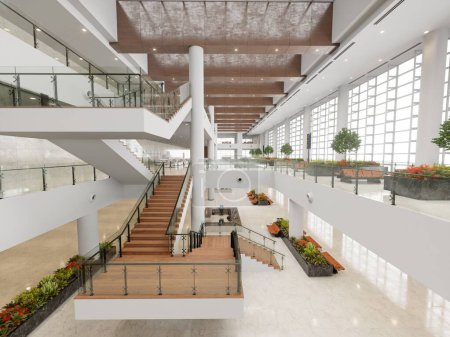Foto de 3d renderizado de interior moderno edificio de oficinas con escaleras y plantas. - Imagen libre de derechos