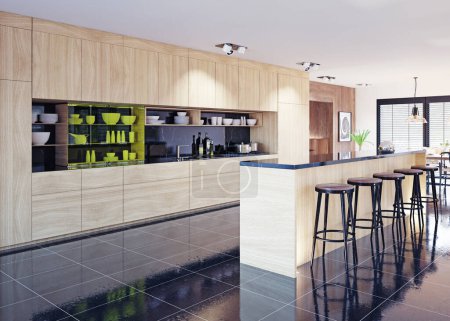 Foto de Interior de la cocina doméstica moderna. concepto de diseño de renderizado 3d - Imagen libre de derechos