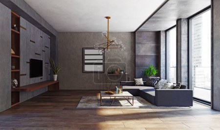 Foto de Moderna sala de estar de un apartamento interior. concepto de diseño de renderizado 3d - Imagen libre de derechos