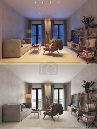 Téléchargez les photos : Intérieur du salon moderne en style loft. jour et nuit. 3d rendu - en image libre de droit