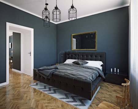 Foto de Moderno diseño interior de dormitorio de estilo oscuro. concepto de sala de representación 3d - Imagen libre de derechos