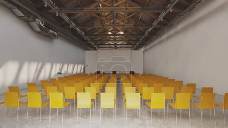 Reihen symmetrischer gelber Stühle sind in einer rechteckigen Halle innerhalb eines Gebäudes fein säuberlich angeordnet. 3D-Darstellung