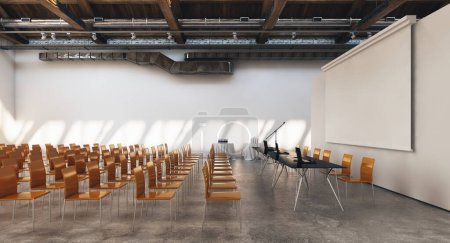 Reihen symmetrischer gelber Stühle sind in einer rechteckigen Halle innerhalb eines Gebäudes fein säuberlich angeordnet. 3D-Darstellung
