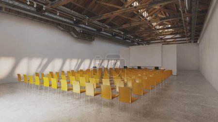 Photo for Rows of symmetrical yellow chairs are neatly arranged in a rectangular hall inside a building. 3d render - Royalty Free Image
