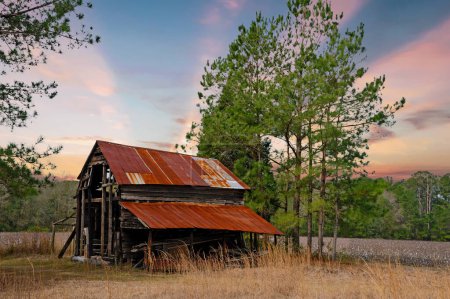 Foto de An Old Abandoned Run Down Barn in a Field at Sunset - Imagen libre de derechos