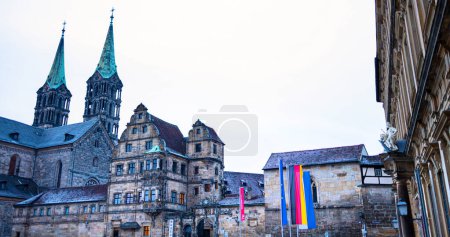 bamberg, bavaria, germany - 17 01 2024: the historic center of bamberg germany with flags panorama