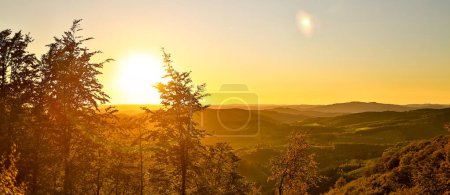 Téléchargez les photos : Un coucher de soleil dans un magnifique panorama de campagne forestière - en image libre de droit