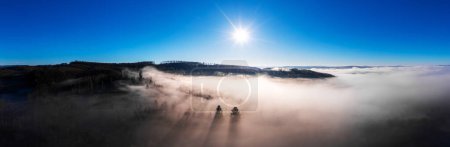 beautiful high fog in a winter forest from above panorama