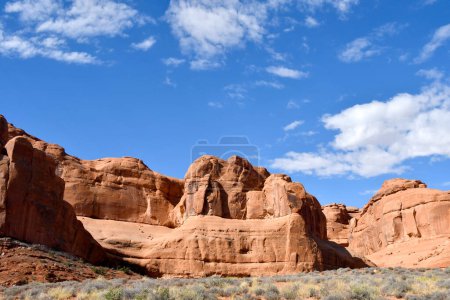 Foto de Rocas rojas y pincel de salvia en el Parque Nacional Arches, Moab, Utah. - Imagen libre de derechos