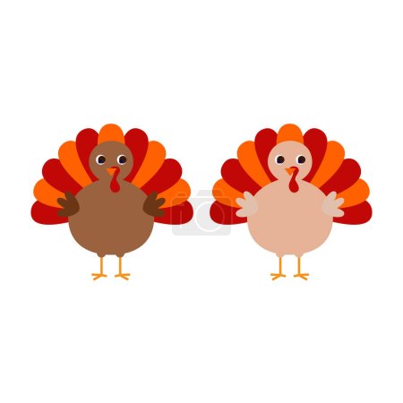 Téléchargez les illustrations : Mignonne Turquie Couple Thanksgiving Illustration Set isolé sur blanc - en licence libre de droit