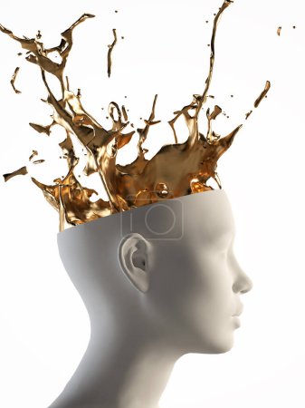 Photo for Head with golden splash and splatter white background. 3 D rendering - Royalty Free Image
