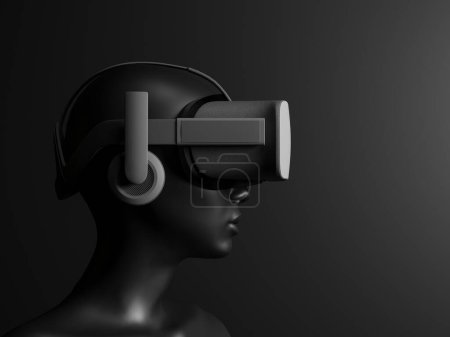 Téléchargez les photos : Tête avec casque VR fond noir. 3 D rendu - en image libre de droit