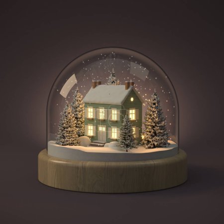 Foto de Bola de nieve de Navidad en blanco con casa y árbol en el interior 3 D ilustración - Imagen libre de derechos