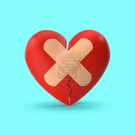 Photo for Broken heart with bandage plaster on the blue background - Royalty Free Image