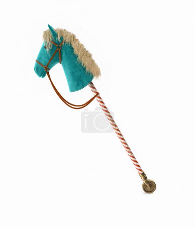 Téléchargez les photos : Peluche jouet de cheval de passe-temps avec bâton en bois sur fond blanc - en image libre de droit