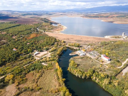Aerial Autumn view of Pyasachnik (Sandstone) Reservoir, Sredna Gora Mountain, Plovdiv Region, Bulgaria